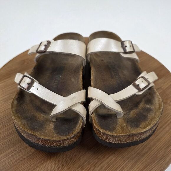 Birkenstock Mayari Shoes Womens Size 38 US 7 Sandals Silver Leather Cork Comfort - Picture 3 of 11
